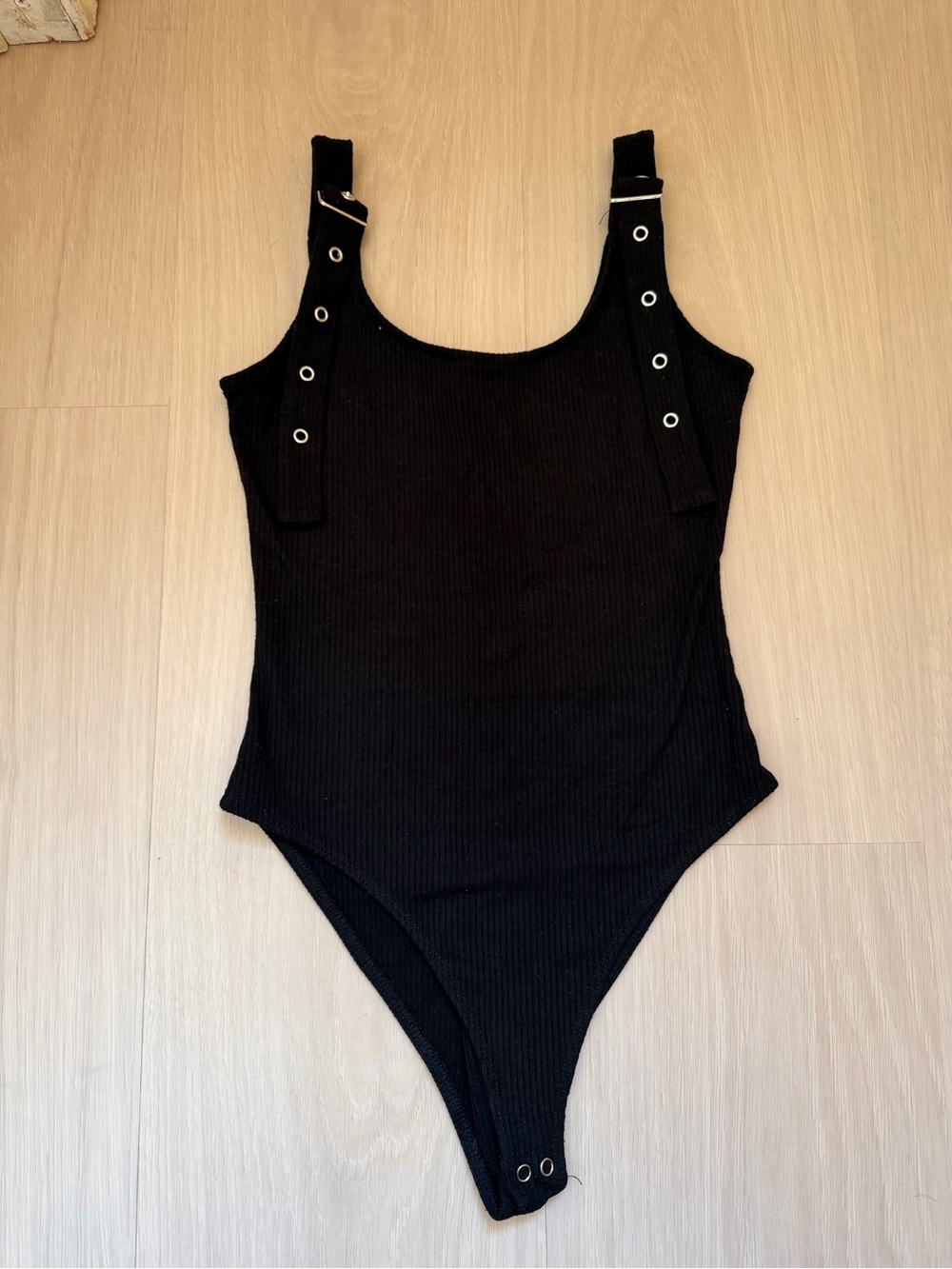 Forever 21 Black Ribbed Grommet Strap Bodysuit
